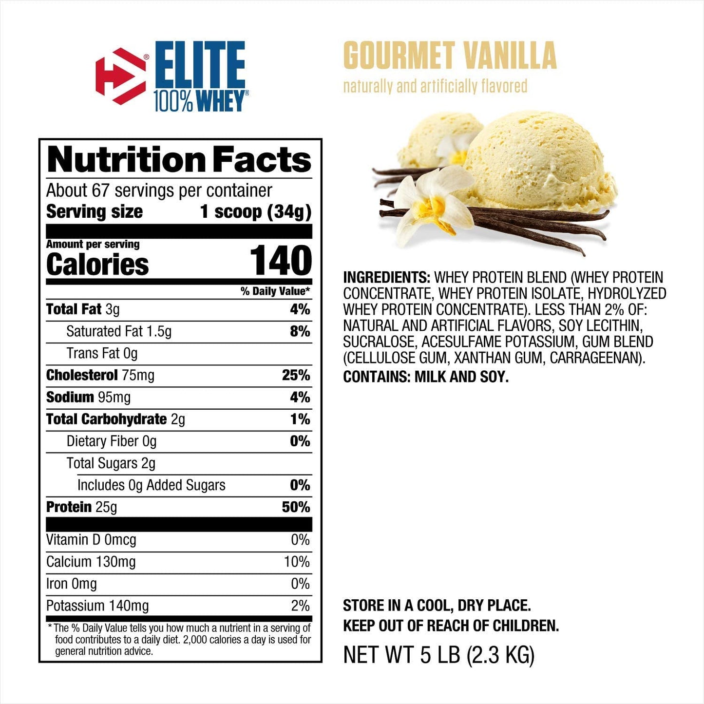 Proteina Suero de Leche - Elite 100% Whey 5 LBS - Vainilla